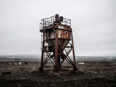 Verfallende industrielle Metallstrukturen in einer kargen Landschaft unter bewölktem Himmel. - Foto: über boerse-global.de