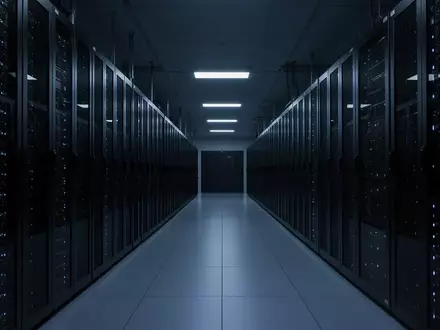Dunkler, moderner Serverraum mit langen Reihen von Server-Racks in blauem Licht. - Foto: über boerse-global.de