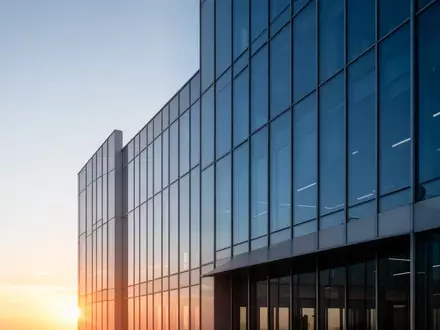 Moderne Glasfassade eines Bürogebäudes im Licht des Sonnenaufgangs als Symbol für wirtschaftliche Investitionen. - Foto: über boerse-global.de