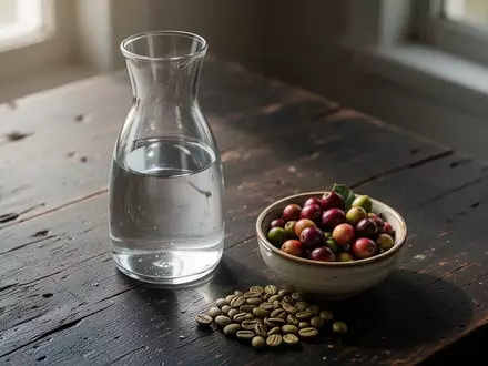 Nahaufnahme von Kaffeekirschen und rohen Kaffeebohnen auf einem Holztisch bei natürlichem Licht. - Foto: über boerse-global.de
