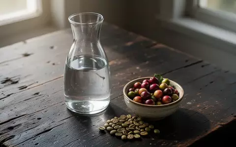 Nahaufnahme von Kaffeekirschen und rohen Kaffeebohnen auf einem Holztisch bei natürlichem Licht. - Foto: über boerse-global.de