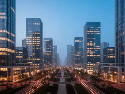 Eine moderne Skyline bei Dämmerung mit architektonischen Gebäudestrukturen und klarer urbaner Planung. - Foto: über boerse-global.de