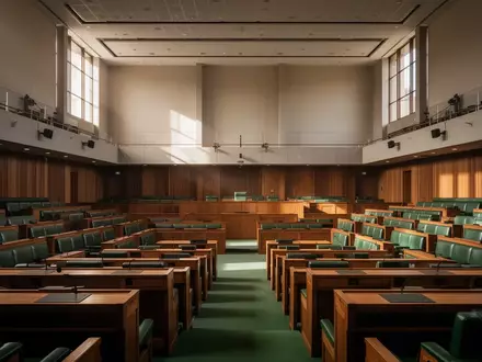 Leerer Plenarsaal des australischen Parlaments in Canberra mit Holzbänken und grünen Sitzpolstern. - Foto: über boerse-global.de