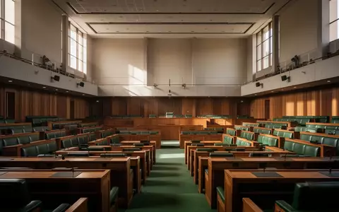 Leerer Plenarsaal des australischen Parlaments in Canberra mit Holzbänken und grünen Sitzpolstern. - Foto: über boerse-global.de