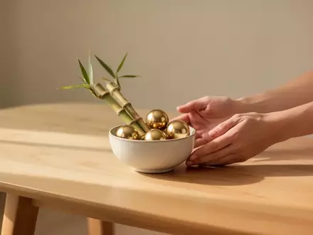 Ein minimalistisches Arrangement aus einem hellen Holztisch, einer Keramikschale, Bambusstäbchen und kleinen goldenen Kugeln. - Foto: über boerse-global.de