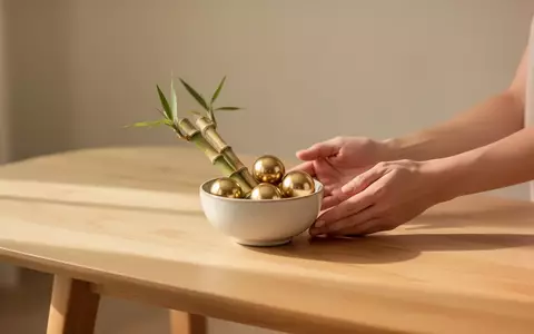 Ein minimalistisches Arrangement aus einem hellen Holztisch, einer Keramikschale, Bambusstäbchen und kleinen goldenen Kugeln. - Foto: über boerse-global.de