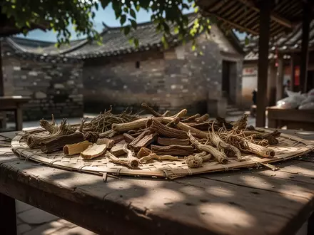 Getrocknete Heilkräuter und Wurzelstücke auf einer geflochtenen Bambusmatte an einem rustikalen Holztisch in Yunnan. - Foto: über boerse-global.de