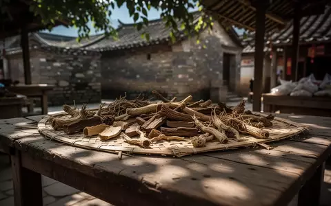 Getrocknete Heilkräuter und Wurzelstücke auf einer geflochtenen Bambusmatte an einem rustikalen Holztisch in Yunnan. - Foto: über boerse-global.de