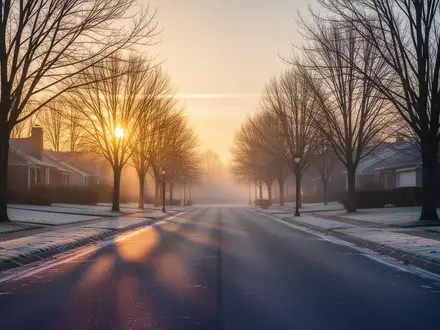 Ein stiller Vorortweg in der Dämmerung des frühen Morgens mit sanftem Sonnenlicht, das durch kahle Bäume fällt. - Foto: über boerse-global.de