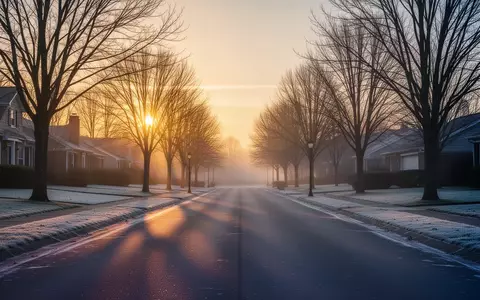 Ein stiller Vorortweg in der DĂ€mmerung des frĂŒhen Morgens mit sanftem Sonnenlicht, das durch kahle BĂ€ume fĂ€llt. - Foto: ĂŒber boerse-global.de