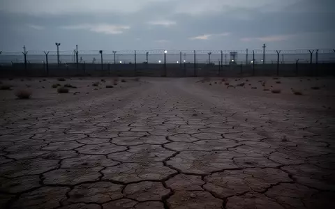 Eine weite, einsame Wüstenlandschaft mit einem fernen Grenzzaun in der Dämmerung. - Foto: über boerse-global.de