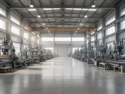 Weite, menschenleere Produktionshalle in einem Industriebetrieb mit großen Fenstern und massiven Maschinen. - Foto: über boerse-global.de