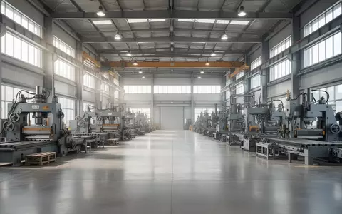 Weite, menschenleere Produktionshalle in einem Industriebetrieb mit großen Fenstern und massiven Maschinen. - Foto: über boerse-global.de