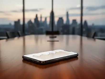 Ein Smartphone mit einer abstrakten Börsengrafik auf einem Konferenztisch vor einer modernen Skyline bei Dämmerung. - Foto: über boerse-global.de