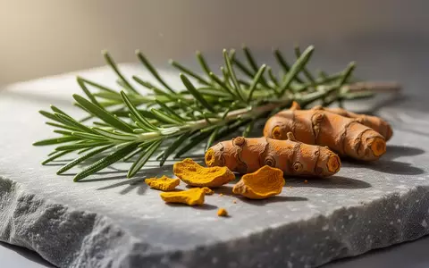 Frische Rosmarinzweige und Kurkumawurzeln auf einer strukturierten Steinoberfläche bei natürlichem Licht. - Foto: über boerse-global.de