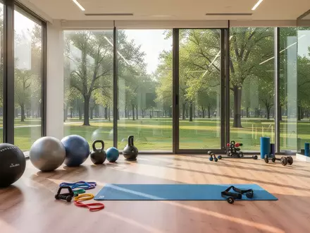 Heller, moderner Fitnessraum mit hochwertigen Trainingsgeräten und Blick in einen grünen Park. - Foto: über boerse-global.de