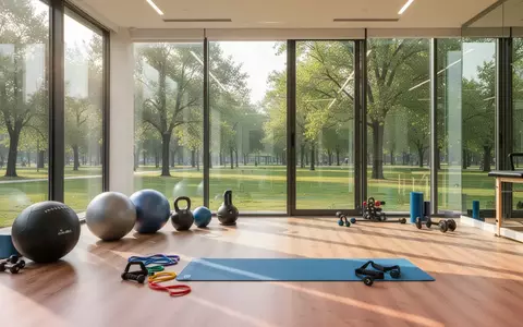 Heller, moderner Fitnessraum mit hochwertigen Trainingsgeräten und Blick in einen grünen Park. - Foto: über boerse-global.de