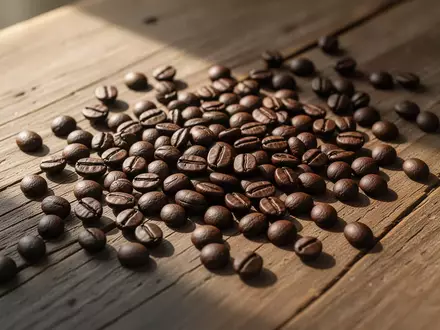 Nahaufnahme von dunklen Kaffeebohnen auf einem rustikalen Holztisch bei natürlichem Morgenlicht. - Foto: über boerse-global.de