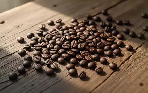 Nahaufnahme von dunklen Kaffeebohnen auf einem rustikalen Holztisch bei natürlichem Morgenlicht. - Foto: über boerse-global.de