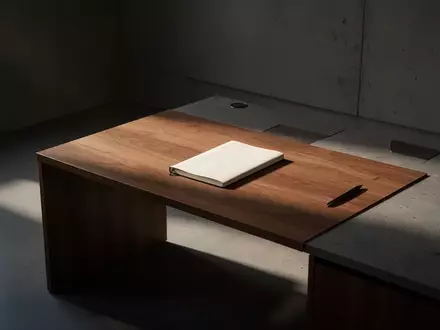 Ein minimalistischer, schattiger Arbeitsraum mit einem leeren Notizbuch auf einem Schreibtisch aus Holz. - Foto: über boerse-global.de