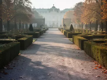Ein sonnendurchfluteter Kiesweg in einem Wiener Schlosspark, umgeben von gepflegten Hecken in einer ruhigen, herbstlichen Atmosphäre. - Foto: über boerse-global.de