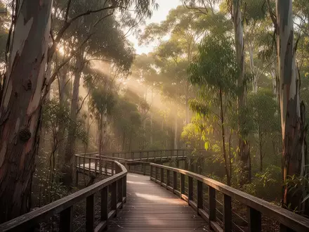 Ein hölzerner Steg führt durch einen ruhigen Eukalyptuswald bei sanftem Sonnenlicht. - Foto: über boerse-global.de
