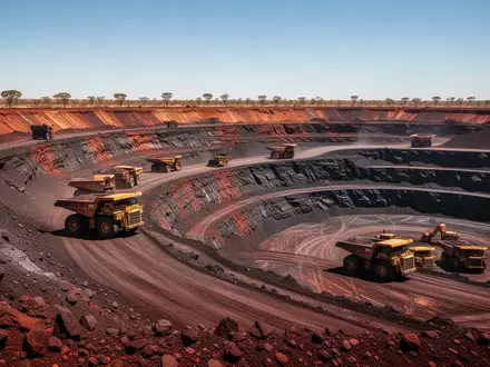 Großer Tagebau mit schweren Muldenkippern in einer australischen Bergbauregion bei klarem Tageslicht. - Foto: über boerse-global.de
