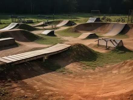 Ein weitläufiger Mountainbike-Übungsparcours mit Erdhügeln, Holzrampen und Balancierhölzern in einer grünen Landschaft. - Foto: über boerse-global.de