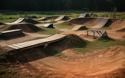 Ein weitläufiger Mountainbike-Übungsparcours mit Erdhügeln, Holzrampen und Balancierhölzern in einer grünen Landschaft. - Foto: über boerse-global.de