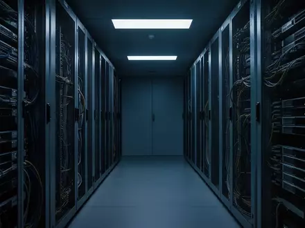 Ein minimalistischer, dunkel beleuchteter Serverraum mit metallischen Rack-Strukturen und kühlem blauem Licht. - Foto: über boerse-global.de