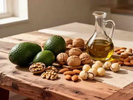 Natürliche Lebensmittel wie Avocados, Nüsse und Olivenöl auf einem Holztisch als Symbol für eine fettreiche Ernährung. - Foto: über boerse-global.de