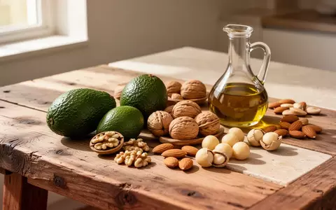 Natürliche Lebensmittel wie Avocados, Nüsse und Olivenöl auf einem Holztisch als Symbol für eine fettreiche Ernährung. - Foto: über boerse-global.de