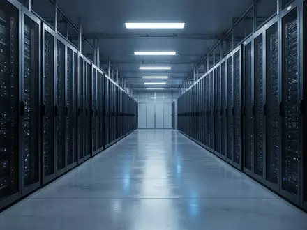 Ein langer, modern beleuchteter Korridor in einem Rechenzentrum mit dunklen Serverschränken auf einem glänzenden Boden. - Foto: über boerse-global.de