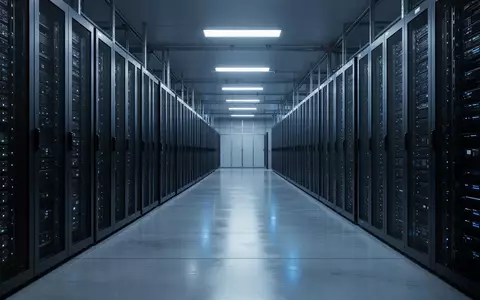 Ein langer, modern beleuchteter Korridor in einem Rechenzentrum mit dunklen Serverschränken auf einem glänzenden Boden. - Foto: über boerse-global.de