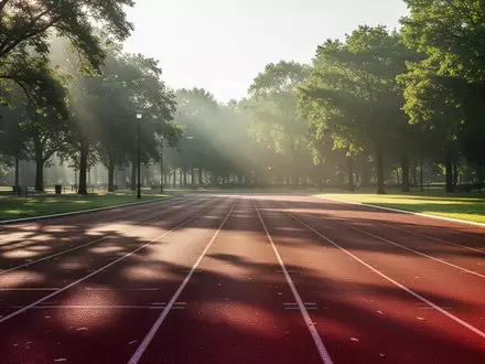 Eine leere Laufbahn in einem Park bei Sonnenaufgang, die für körperliche Aktivität und langfristige Gesundheit steht. - Foto: über boerse-global.de