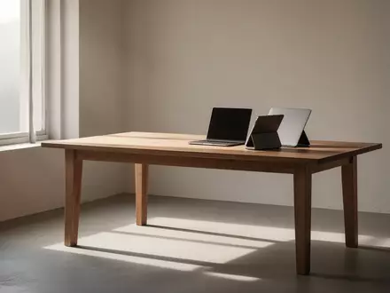 Ein minimalistischer, sonnendurchfluteter Raum mit einem Holztisch und weichem Lichteinfall. - Foto: über boerse-global.de