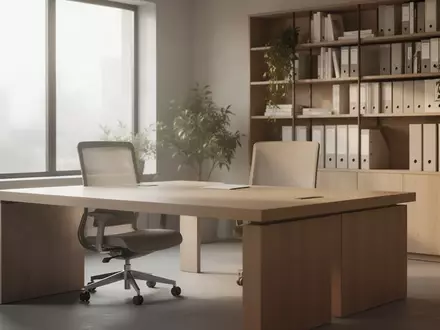 Ein minimalistischer, heller Büroarbeitsplatz mit einem Holztisch und einem leeren Stuhl bei natürlichem Tageslicht. - Foto: über boerse-global.de