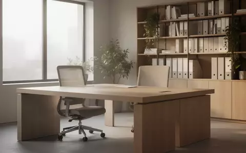 Ein minimalistischer, heller Büroarbeitsplatz mit einem Holztisch und einem leeren Stuhl bei natürlichem Tageslicht. - Foto: über boerse-global.de