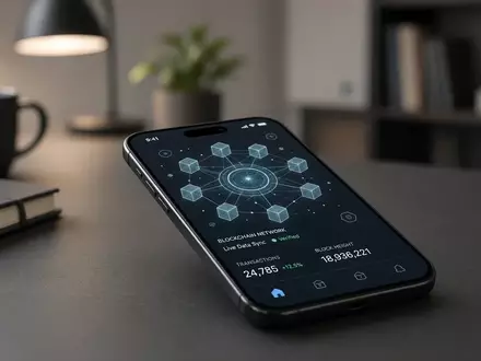 Ein modernes Smartphone auf einem Schreibtisch mit einer abstrakten Darstellung digitaler Blockchain-Daten. - Foto: über boerse-global.de