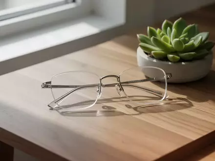 Eine Brille liegt neben einer kleinen Pflanze auf einem Holztisch bei natürlichem Sonnenlicht. - Foto: über boerse-global.de