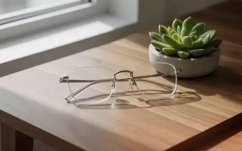 Eine Brille liegt neben einer kleinen Pflanze auf einem Holztisch bei natürlichem Sonnenlicht. - Foto: über boerse-global.de