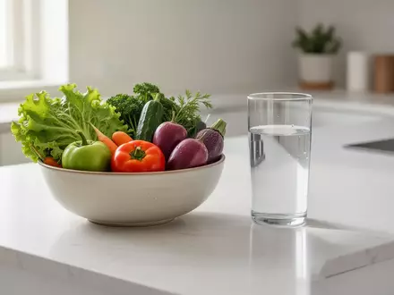 Ein heller Küchentisch mit frischem Gemüse und einem Glas Wasser als Symbol für gesunde Ernährung. - Foto: über boerse-global.de