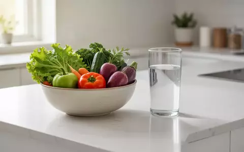 Ein heller Küchentisch mit frischem Gemüse und einem Glas Wasser als Symbol für gesunde Ernährung. - Foto: über boerse-global.de