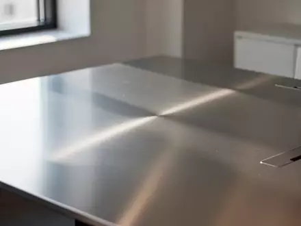 Ein minimalistischer, leerer Arbeitsplatz mit einer gebürsteten Aluminiumoberfläche in weichem Tageslicht. - Foto: über boerse-global.de