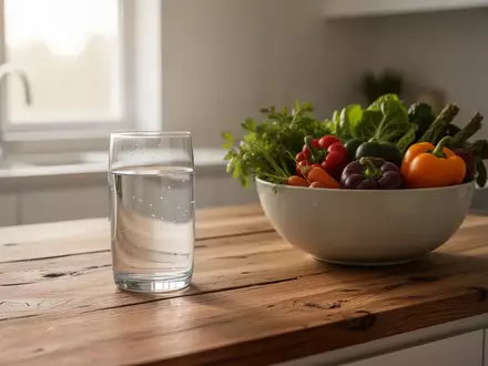 Ein Glas Wasser und frisches Gemüse auf einer Holzarbeitsplatte in sanftem Morgenlicht. - Foto: über boerse-global.de