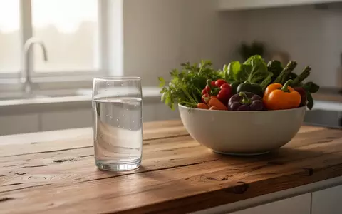 Ein Glas Wasser und frisches Gemüse auf einer Holzarbeitsplatte in sanftem Morgenlicht. - Foto: über boerse-global.de