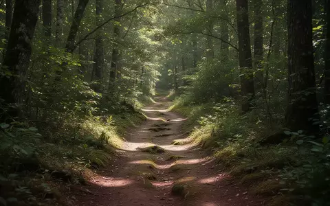 Ein gewundener Waldweg, der durch einen dichten, sonnendurchfluteten Wald führt. - Foto: über boerse-global.de