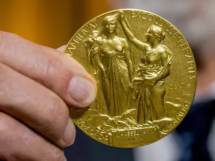 Die Rückseite der Nobel-Medaille für Physik stellt die Natur in Form einer Göttin dar, die aus den Wolken auftaucht und ein Füllhorn hält. (Illustration) - Foto: Stefanie Loos/AP-Pool/dpa