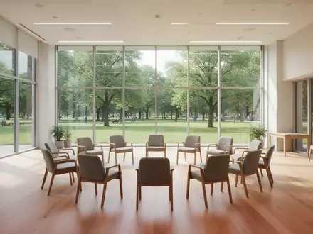 Ein heller, moderner Gemeinschaftsraum mit Holzboden und Stuhlkreis vor einer Fensterfront mit Blick ins Grüne. - Foto: über boerse-global.de