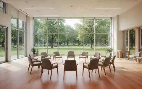 Ein heller, moderner Gemeinschaftsraum mit Holzboden und Stuhlkreis vor einer Fensterfront mit Blick ins Grüne. - Foto: über boerse-global.de
